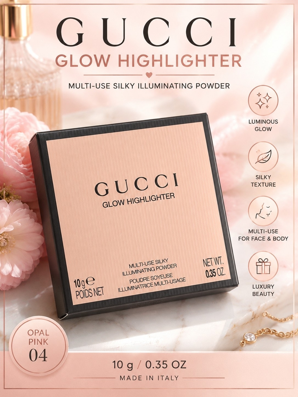 Gucci Glow Highlighter Opal Pink 04 Illuminating Powder NIB & Cosmetic Bag